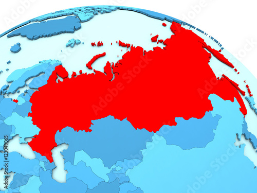 Russia in red on blue globe