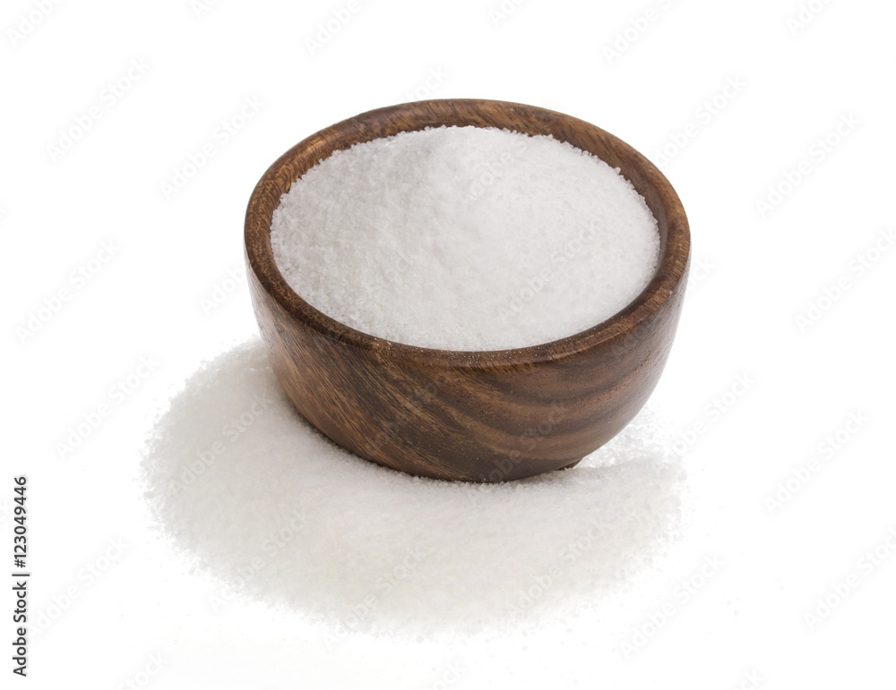 Sugar in wooden bowl isolated on white background Sugar in wooden bowl isolated on white background