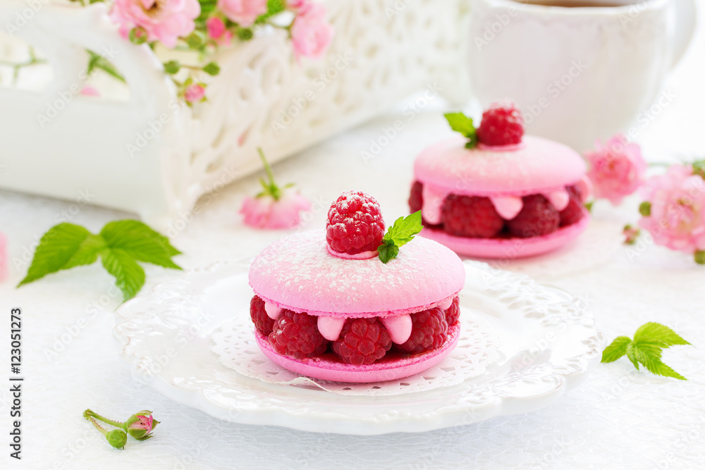 French makarons cake with raspberries. French makarons cake with raspberries.