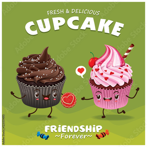 Vintage Cupcake poster design with vector cupcake character.