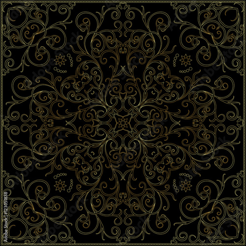 Bandanna with gold pattern.
