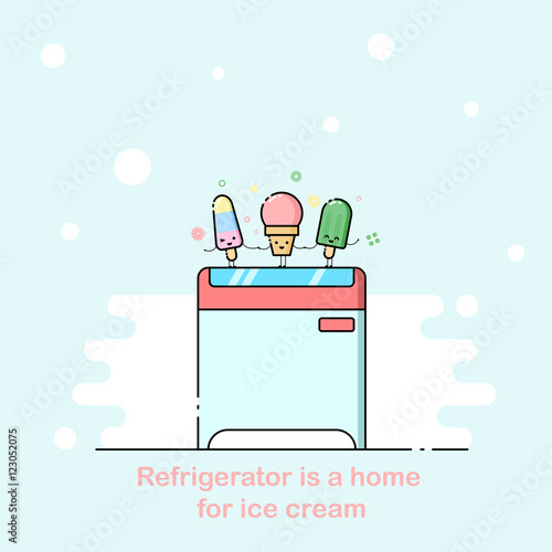 ector outline illustration with supermarket freezer box, three funny cartoon ice cream and inscription "refrigerator is the home of ice cream". Blue fridge
