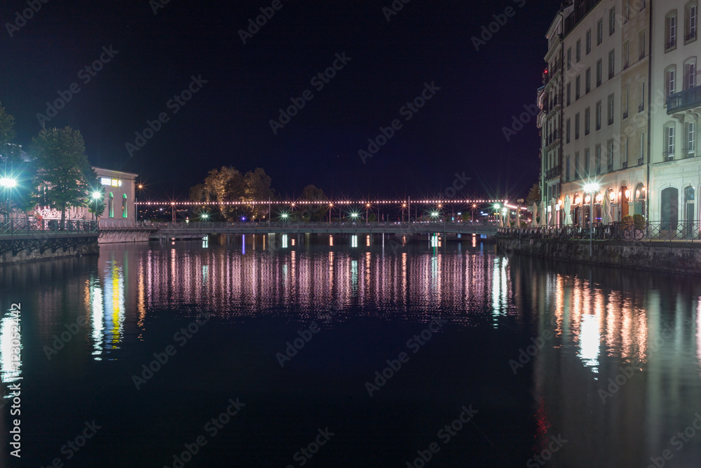 Reflections in the Rhone river in Geneva at night - 1