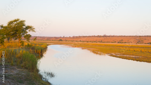 Chobe River landscape, view from Caprivi Strip on Namibia Botswana border, Africa. Chobe National Park, famous wildlilfe reserve and upscale travel destination.