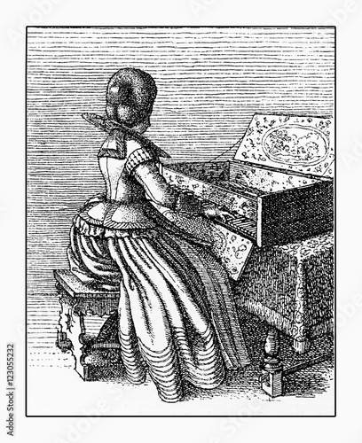 Fotografie Vintage engraving young spinet player, XVII century