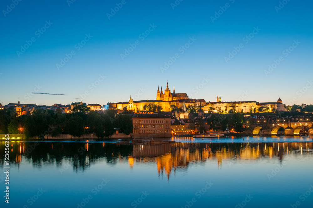 View on Vltava river and St.Vitus cathedral in Prague Castle at