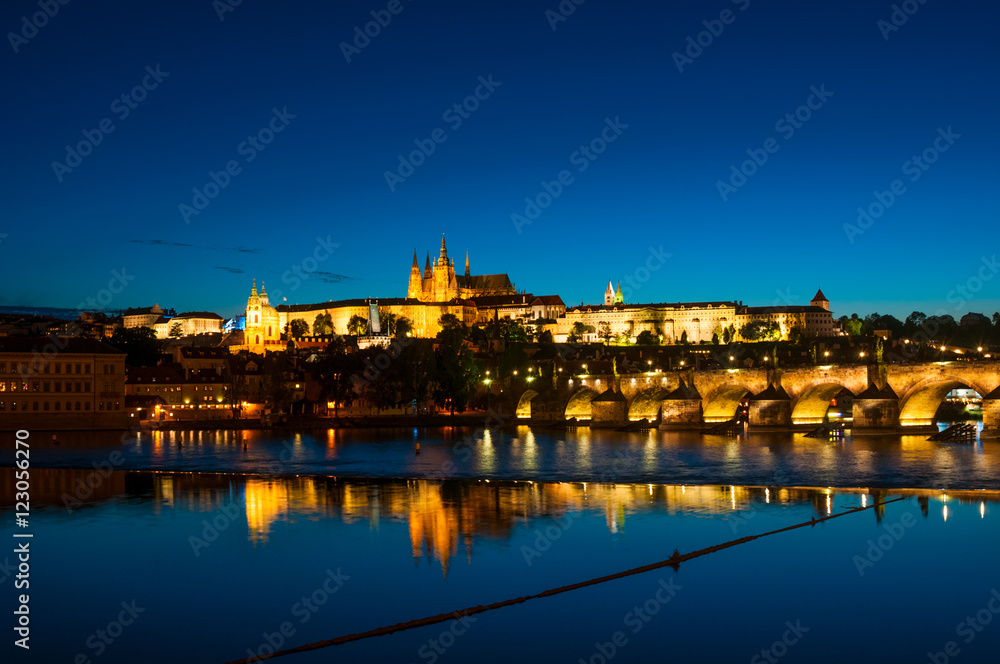 View on Vltava river and St.Vitus cathedral in Prague Castle at