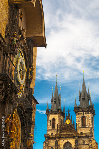 Photography Prague astronomical clock and Tyn Church of Our Lady