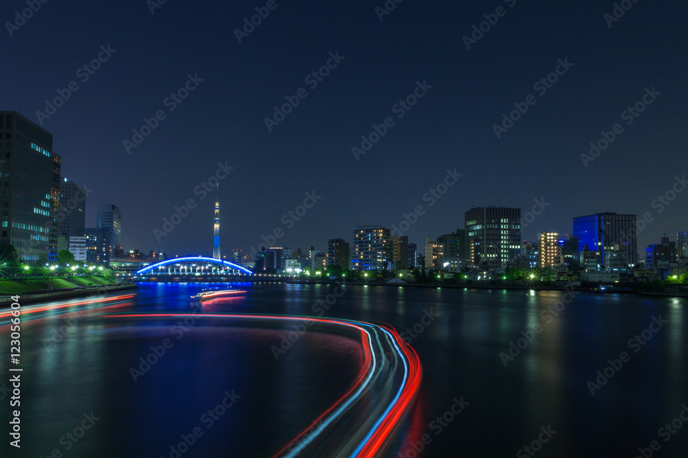 Fototapeta premium 船の光跡とビル群 東京