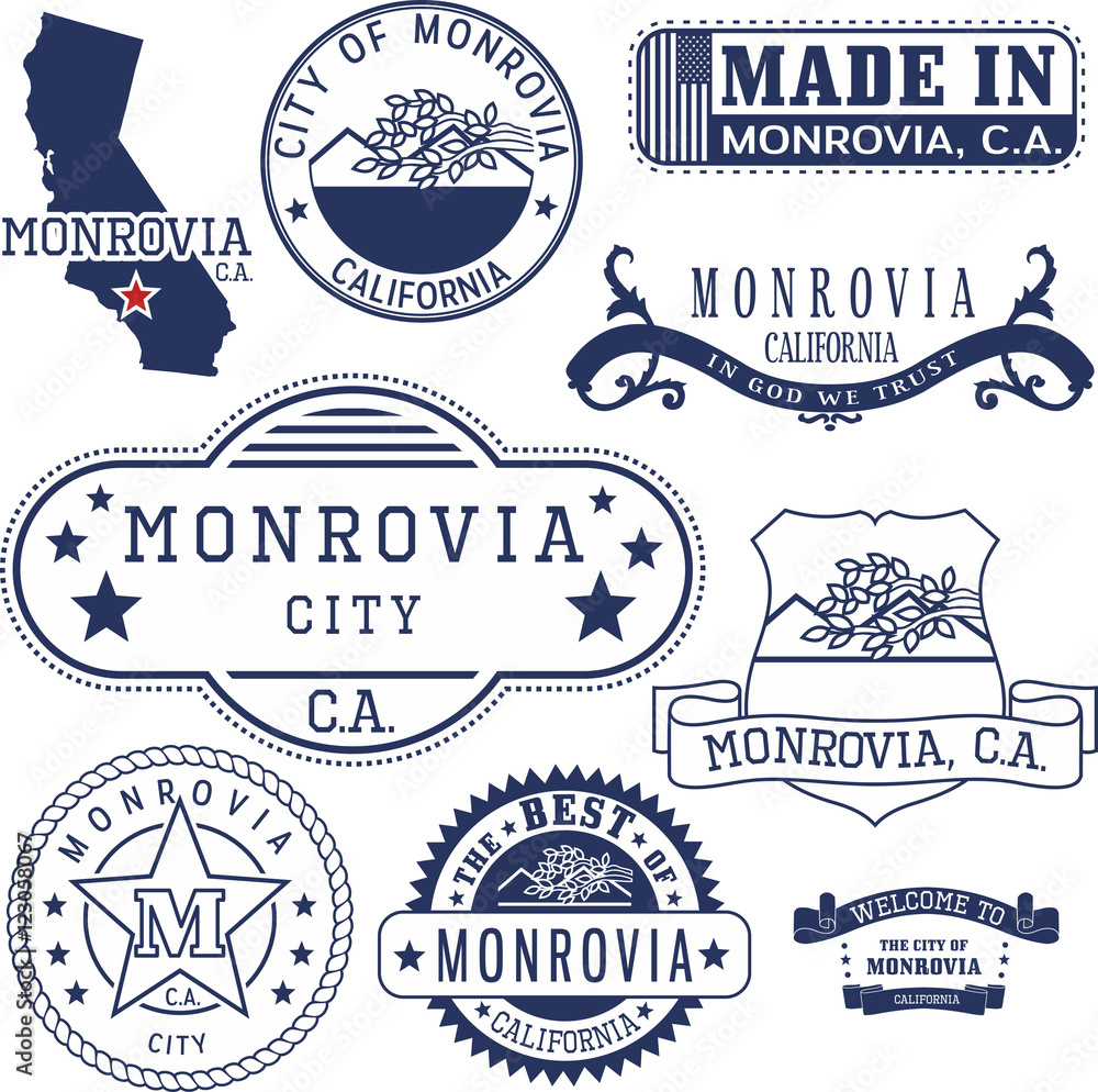 Monrovia city, CA. Stamps and signs