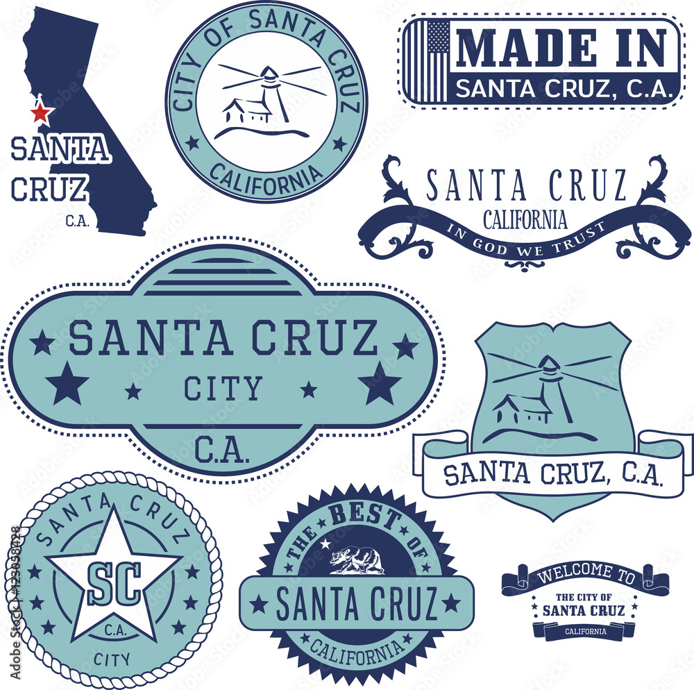 Fototapeta premium Santa Cruz city, CA. Stamps and signs
