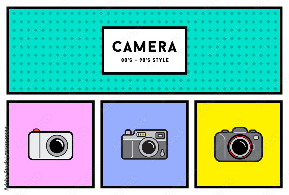 Obraz premium Vector 80's or 90's Stylish Photo Camera Icon Set with Retro Col