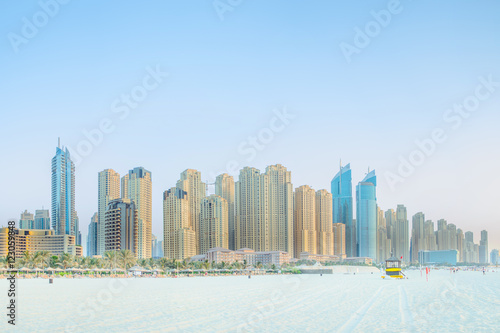 View from the beach to the skyscrapers in Dubai