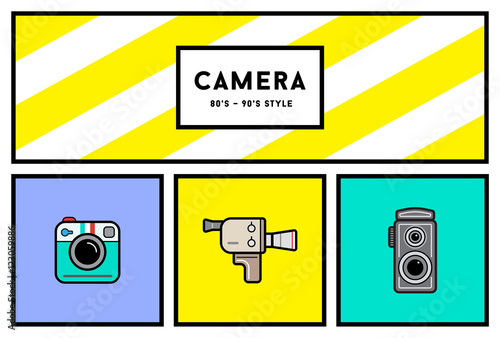 Vector 80's or 90's Stylish Photo Camera Icon Set with Retro Col