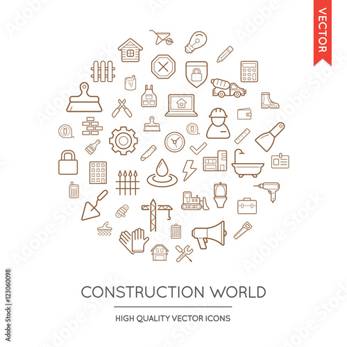 Vector Set of Construction Modern Flat Thin Icons Inscribed in R