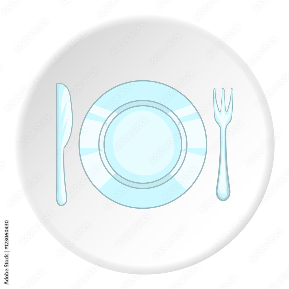 Plate with knife and fork icon. Cartoon illustration of plate with knife and fork vector icon for web Plate with knife and fork icon. Cartoon illustration of plate with knife and fork vector icon for web