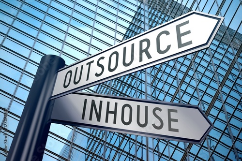 Signpost illustration, two arrows - in-house, outsource photo