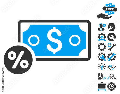 Banknote Percent pictograph with bonus tools symbols. Vector illustration style is flat iconic bicolor symbols, blue and gray colors, white background.