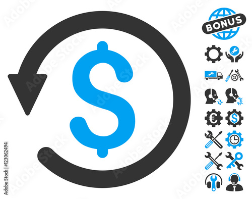 Chargeback icon with bonus tools pictogram. Vector illustration style is flat iconic bicolor symbols, blue and gray colors, white background.