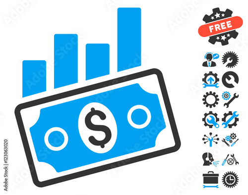 Sales Bar Chart pictograph with bonus tools design elements. Vector illustration style is flat iconic bicolor symbols, blue and gray colors, white background.