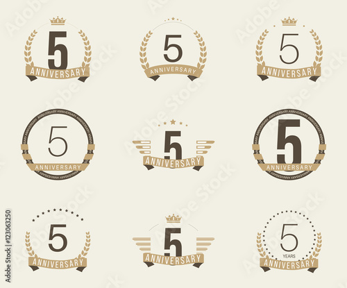 Five years anniversary celebration logotype. 5th anniversary logo set.