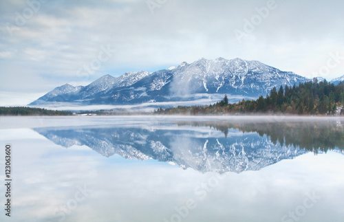 mountain range reflected in Barmsee lake photo