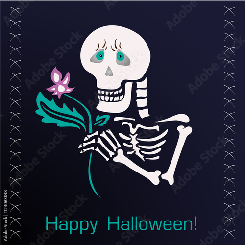 jolly skeleton with a flower on  dark background.