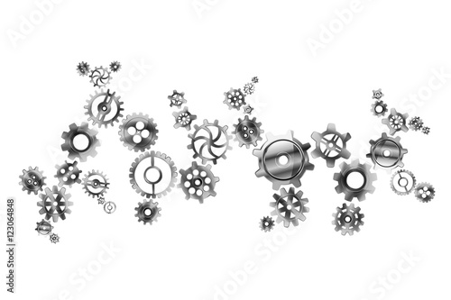 Glossy metal cogwheels arranged in complicated mechanism isolated on white