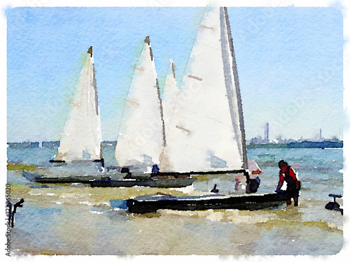 Digital watercolor painting of small white sailing boats in shallow water with people in the water getting them ready to sail.