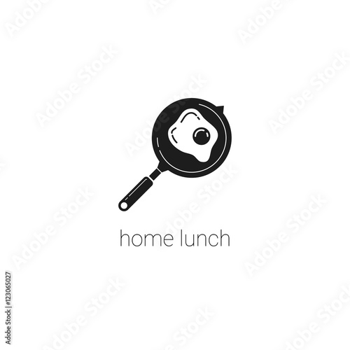 Black and white vector skillet logo. Pan with fried egg. Restaurant or cafe vector design template