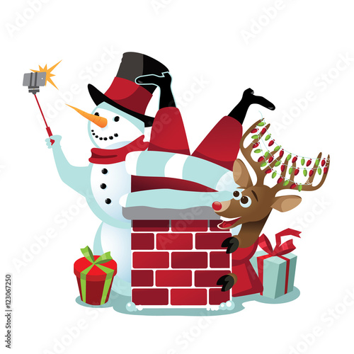 Snowman taking a selfie with Santa Claus stuck in the chimney and his reindeer. EPS 10 vector.
