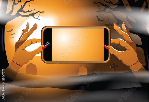 Zombie hands holding a smartphone with copy space. EPS 10 vector.