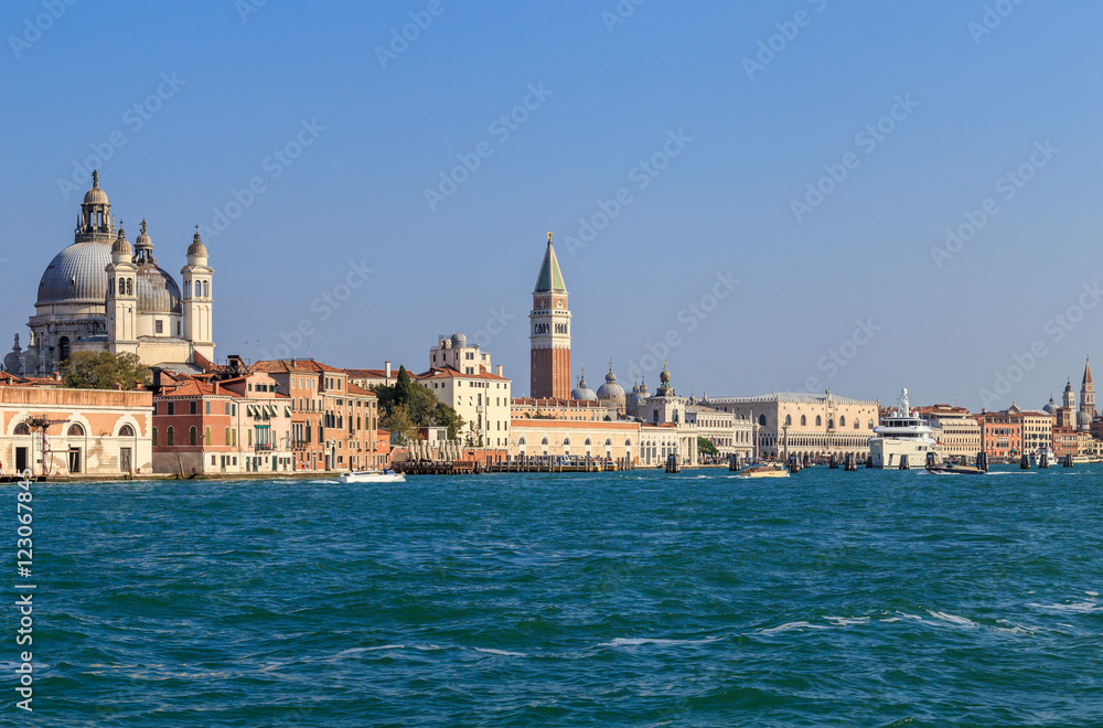 View from the water in the channel of Giudecca in the Italian city of Venice near St. Mark's Square