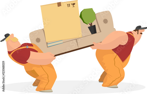 Two working men carry sofa, a box of things, the book indoor and rostenie. Delivery service.EPR 10