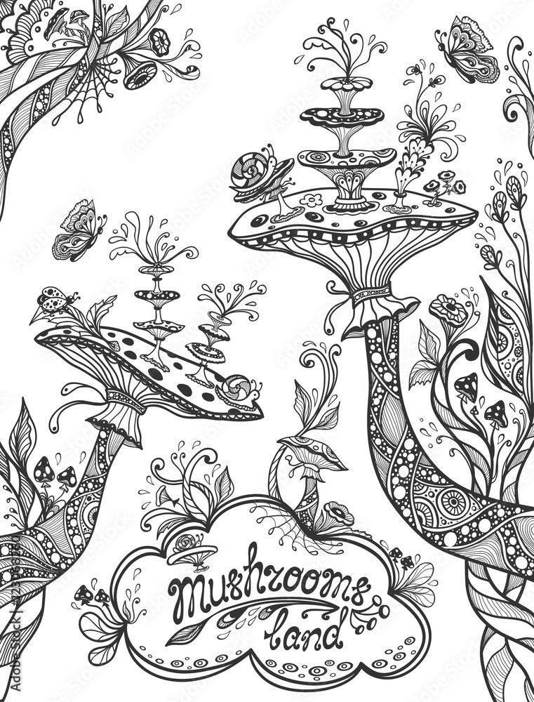Obraz premium Fantasy illustration mushrooms land in Zen doodle style black on white