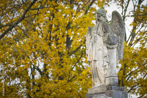 Crying angel statue at old cemetery in autumn. Mourns those who have died © ysuel