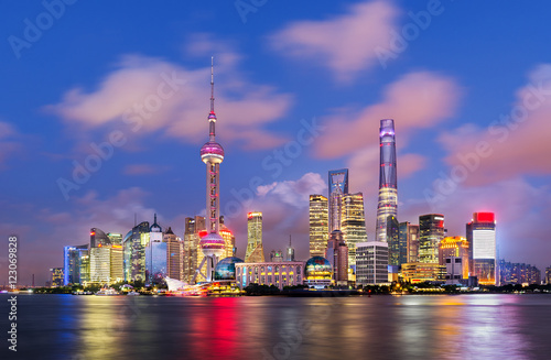 Twilight shot with the Shanghai skyline along the Huangpu river 