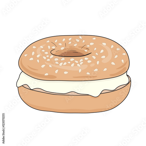 Fresh bagel sandwich with cream cheese. Delicious breakfast. Take away bagel fast food. Vector illustration eps10.