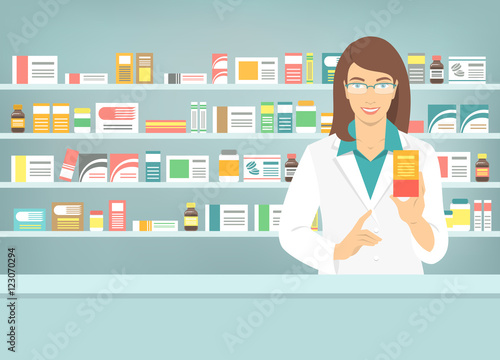 Pharmacist at counter in pharmacy. Woman druggist stands opposite shelves with medicines and points to box with drug. Flat vector illustration. Health care medical background. Drugstore cartoon banner