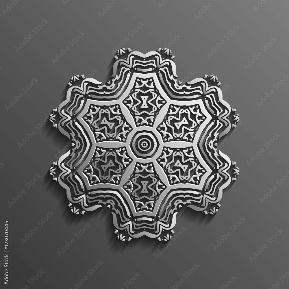 Islamic 3d on dark mandala round ornament background architectural muslim texture design . Can be used for brochures invitations,persian motif