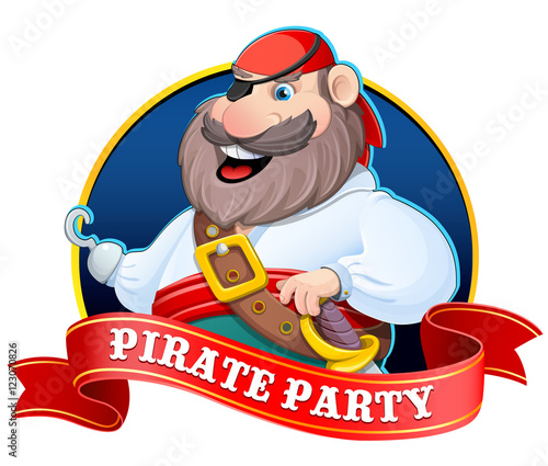 Old pirate with a hook. Vector illustration. Sticker with a red ribbon.