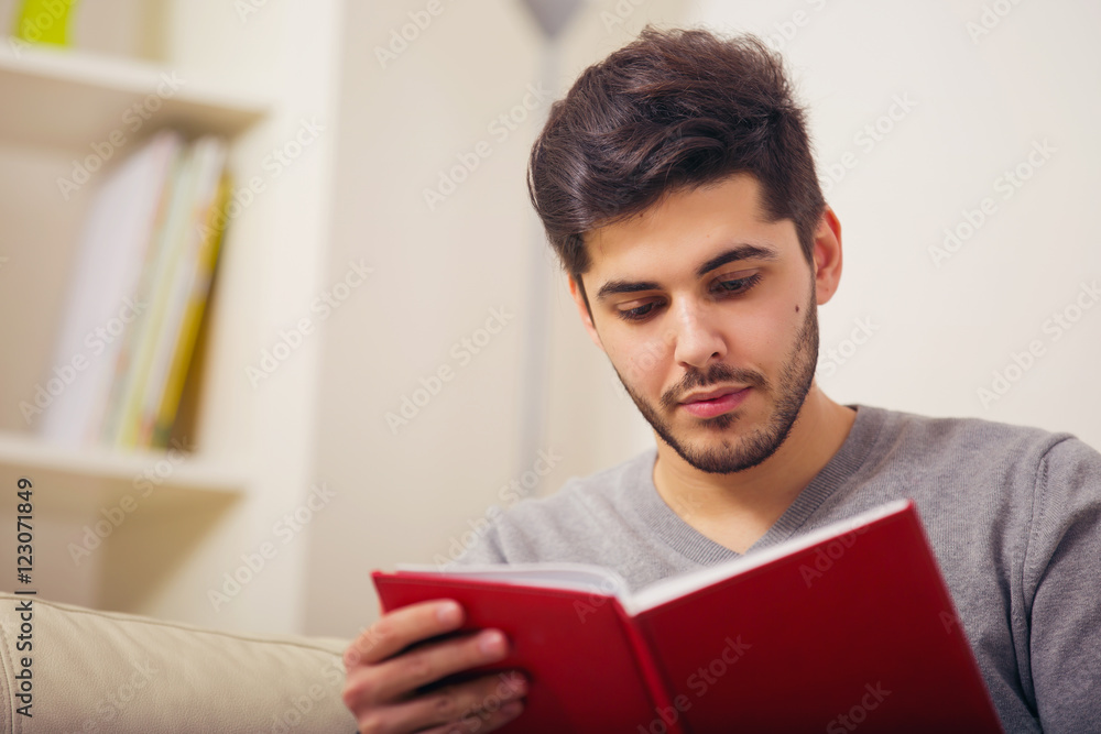 Handsome young man at home writing on notebook, sitting on couch Handsome young man at home writing on notebook, sitting on couch