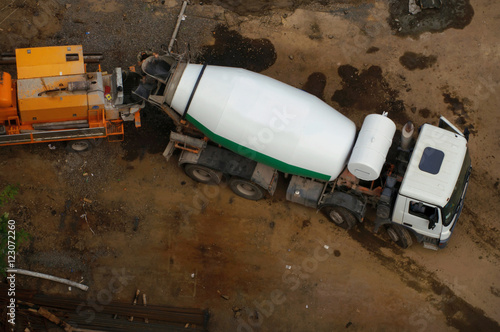 Truck concrete mixer, the view from the top.