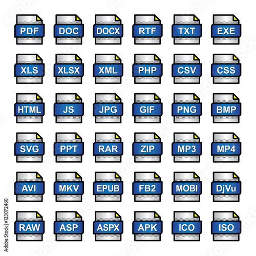 Vector icon set of colourful document labels file formats types filename extensions.