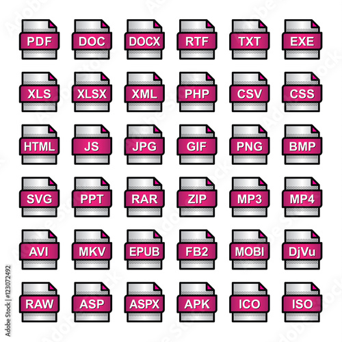 Vector icon set of colourful document labels file formats types filename extensions