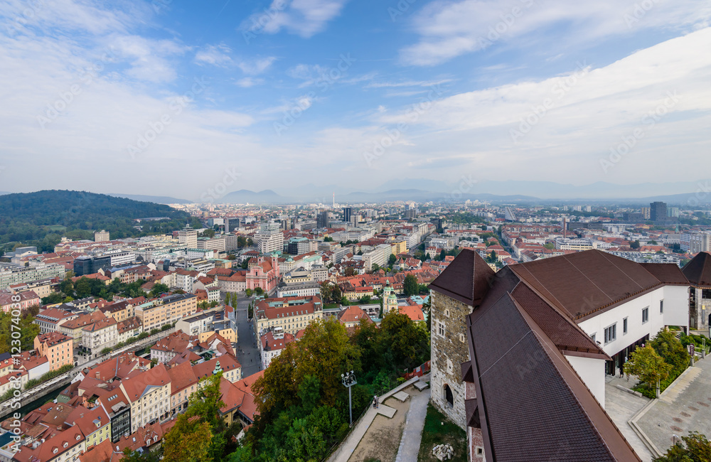 Aerial view of Ljubljana and Ljubljana castle, Slovenia.
