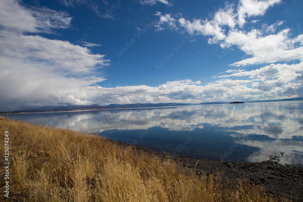 lake reflection sky coastline