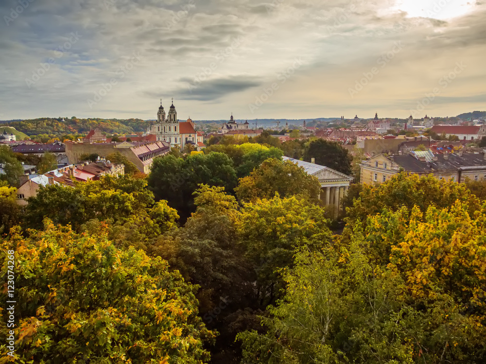 Vilnius, Lithuania: aerial top view of old town in autumn