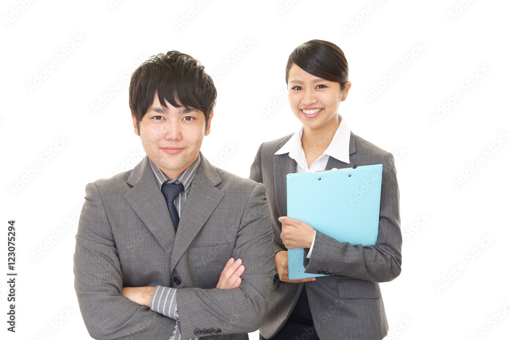 笑顔のビジネスマンとOL