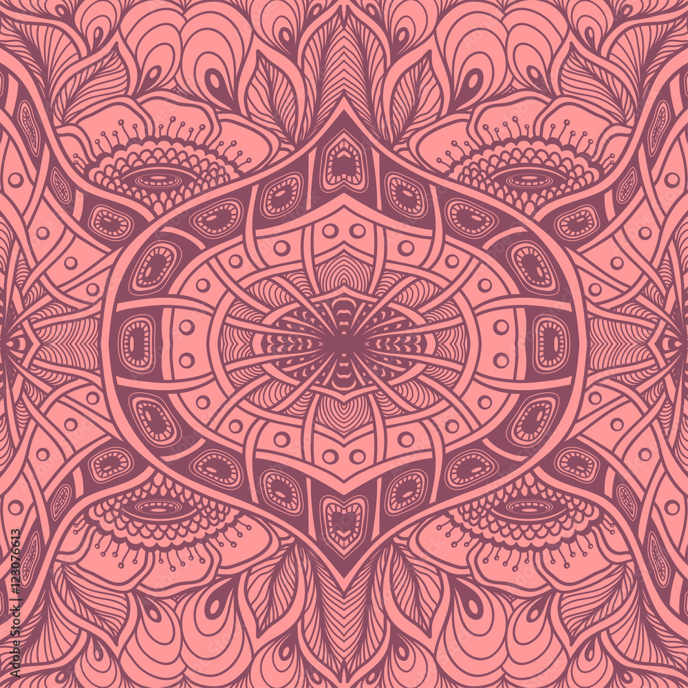 Seamless pattern  with  Zen tangle or Zen doodle flowers in pink 